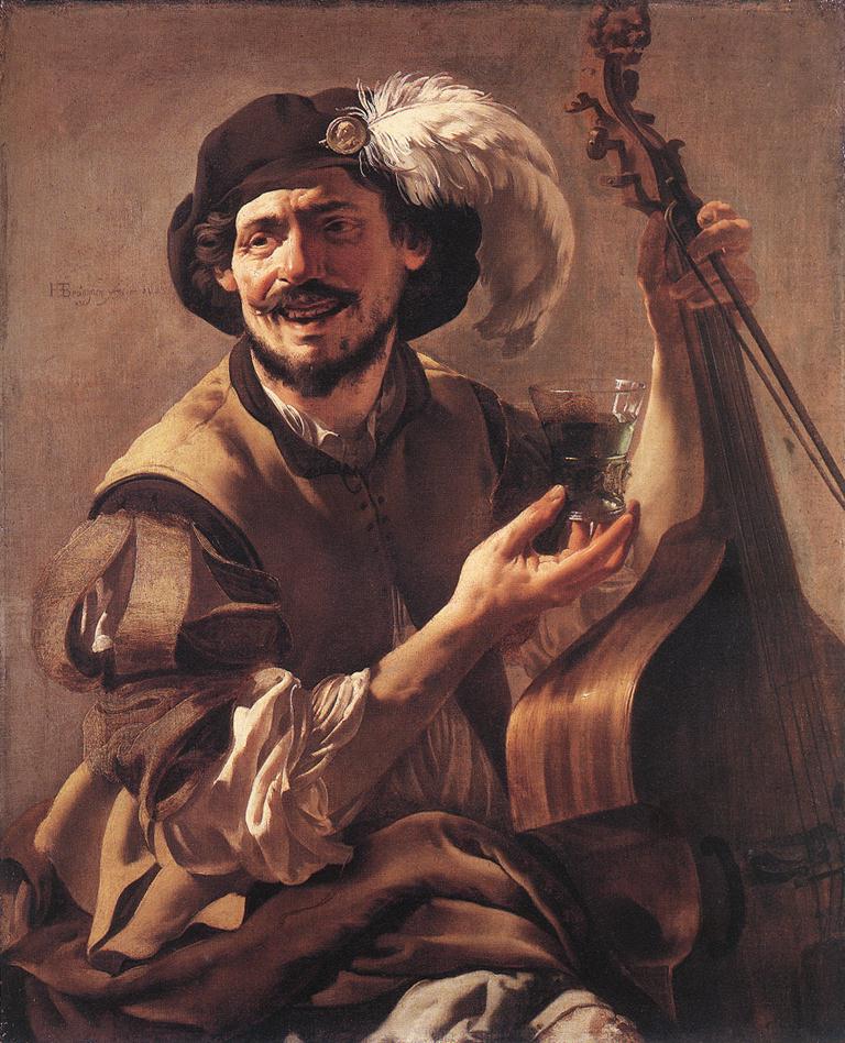 A Laughing Bravo with a Bass Viol and a Glass  at